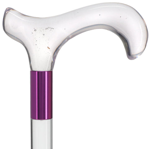 Scratch and Dent Clear Lucite Derby Handle Walking Cane with Lucite Shaft and Purple Collar V2434