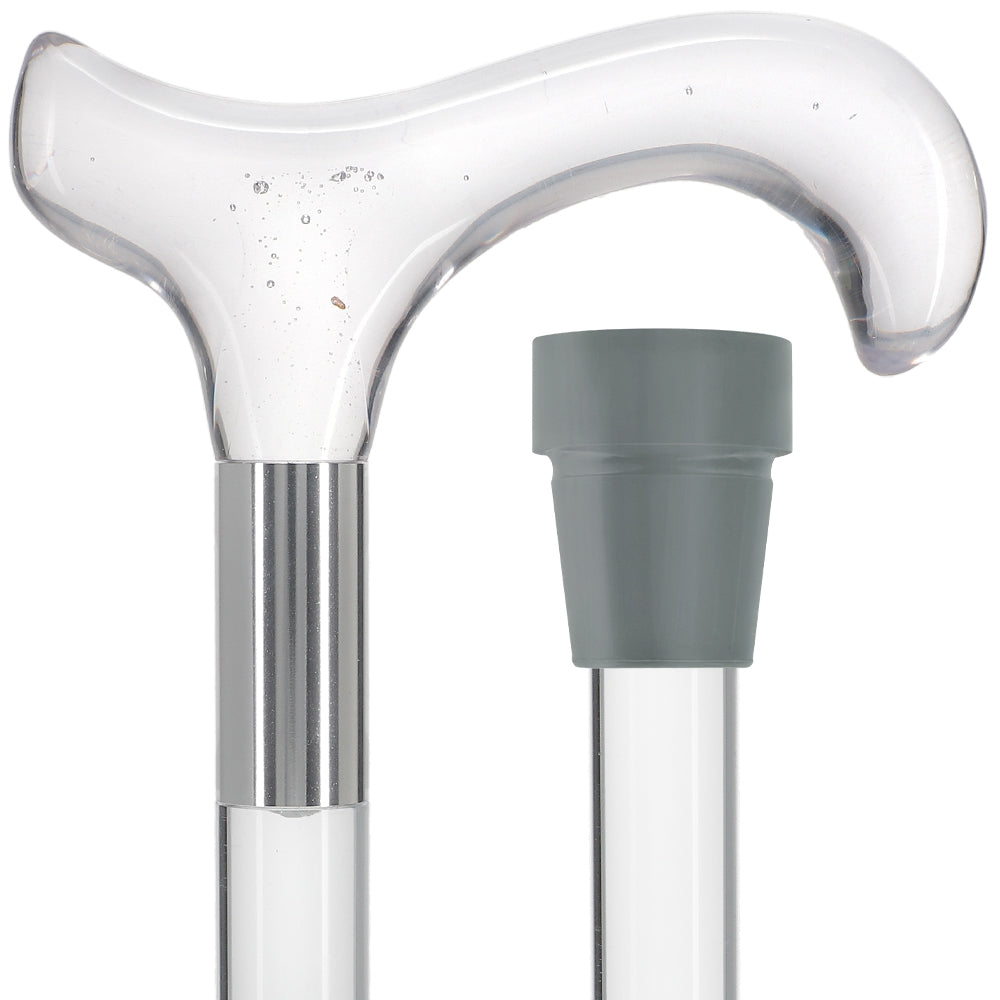 Clear Lucite Derby White Bubble Handle Walking Cane with Lucite Shaft and Custom Collar