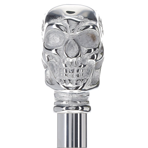 Scratch and Dent Chrome Plated Skull Handle Walking Cane w/ White Beechwood Shaft and Collar V2081