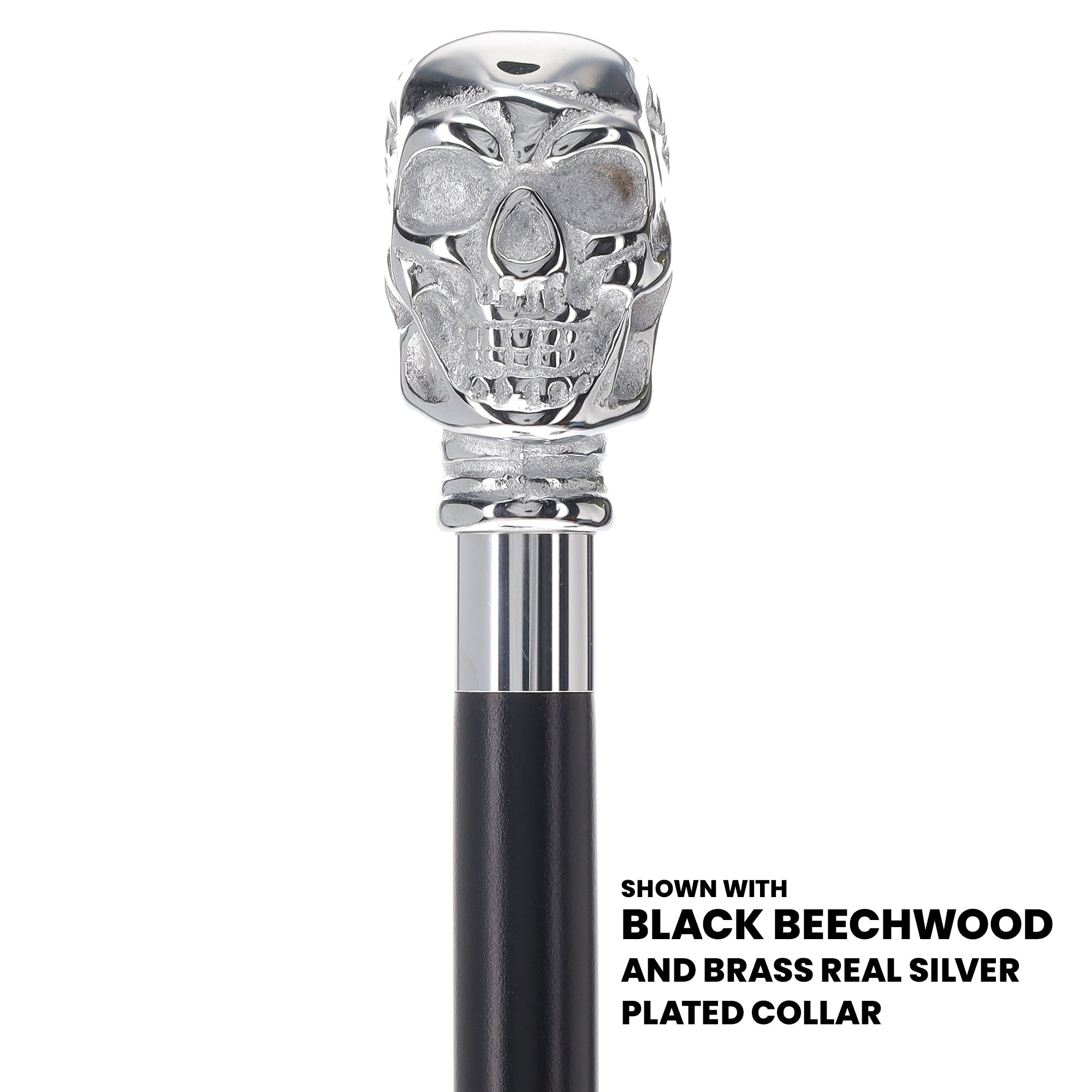 Skull Premium Chrome Brass Handle Cane: Custom Shaft & Collar