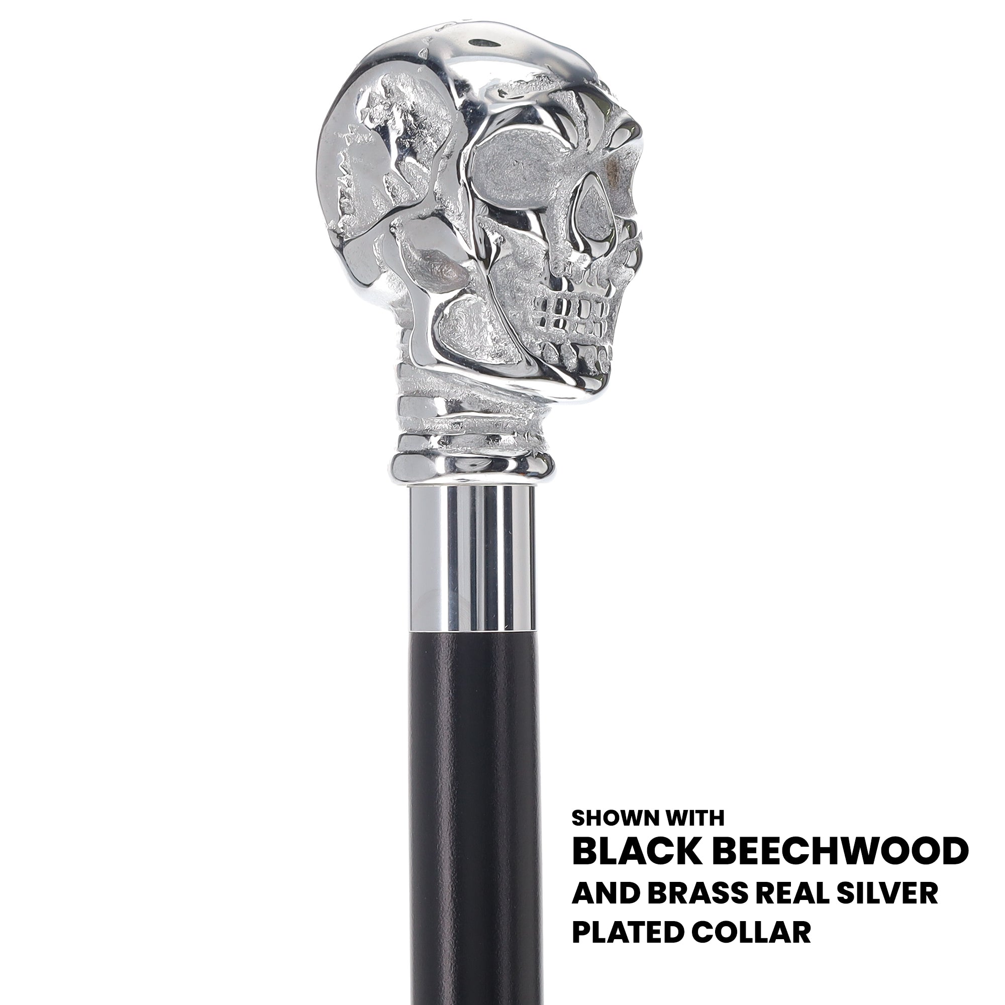 Skull Premium Chrome Brass Handle Cane: Custom Shaft & Collar