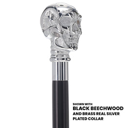 Scratch and Dent Chrome Plated Skull Handle Walking Cane w/ Black Beechwood Shaft and Brass Silver Collar V2035