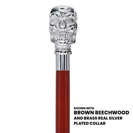 Scratch And Dent Chrome Plated Skull Handle Walking Cane w/ Black Beechwood Shaft and Brass Silver Collar V3159