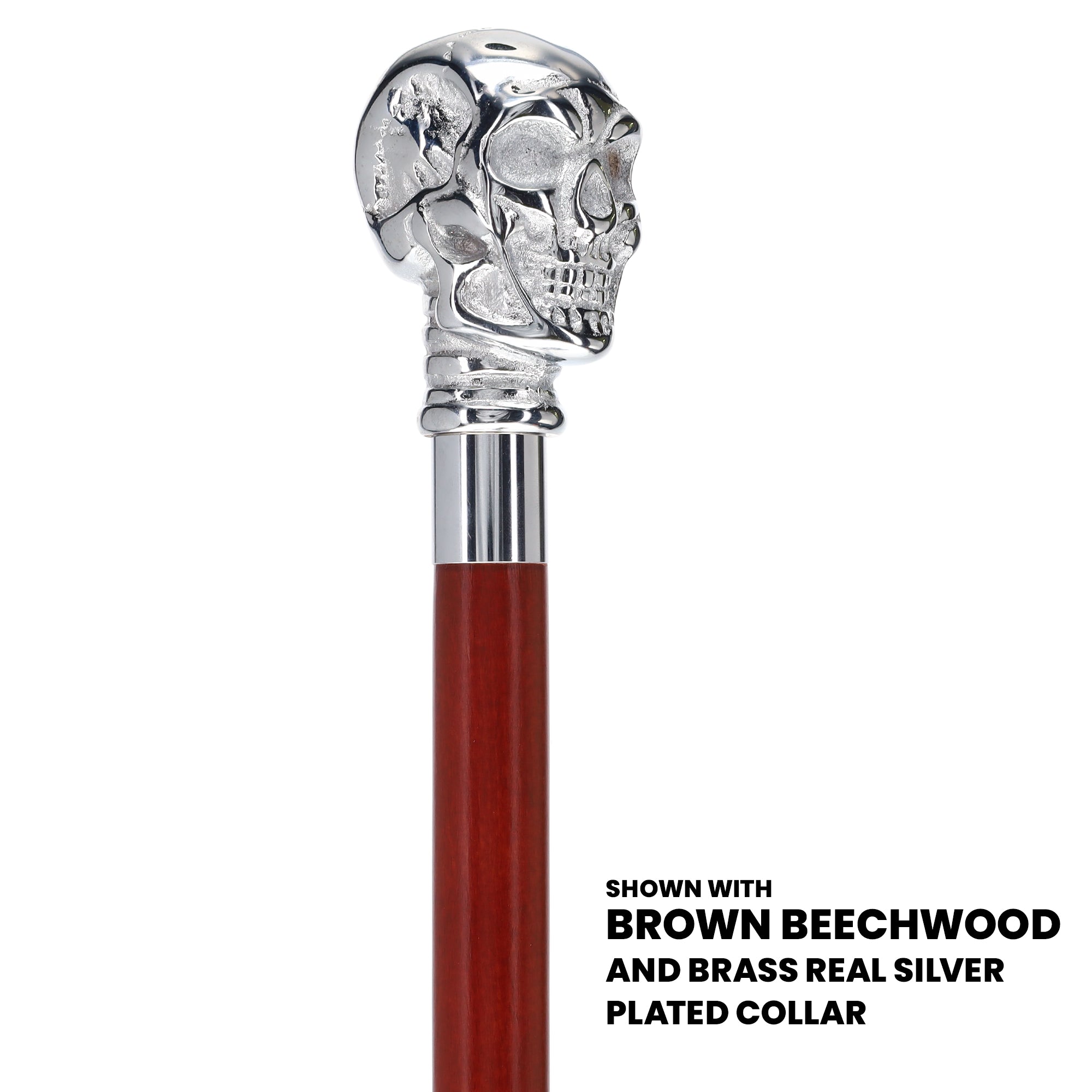 Skull Premium Chrome Brass Handle Cane: Custom Shaft & Collar