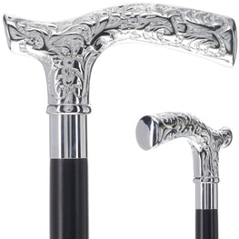 Scratch and Dent Chrome Plated Fritz Handle Walking Cane w/ White Beechwood Shaft and Aluminum Silver Collar V3215