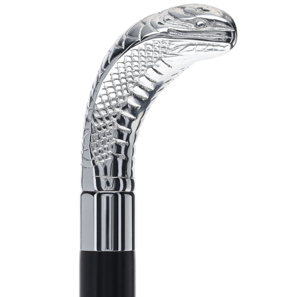 Snake Premium Chrome Brass Flask Cane: Wood Shaft Hidden Flask