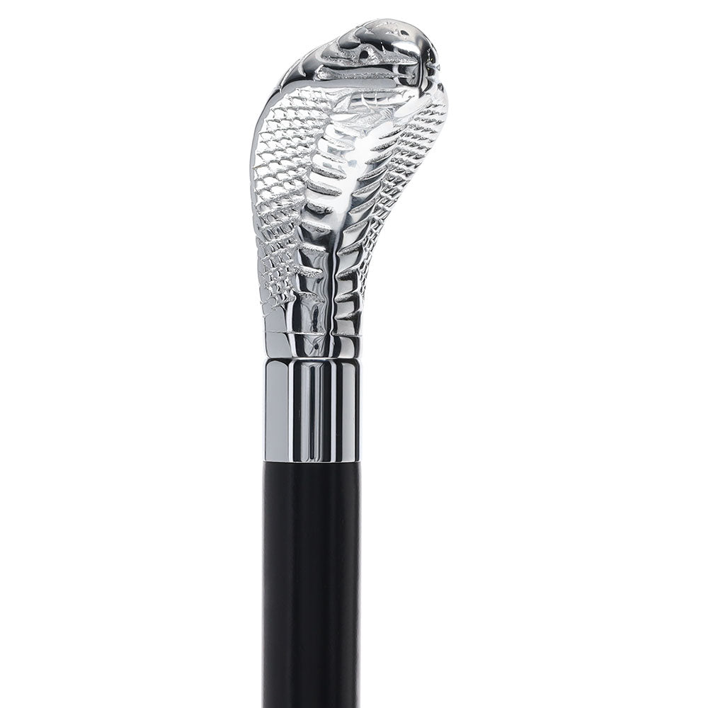 Snake Premium Chrome Brass Flask Cane: Wood Shaft Hidden Flask