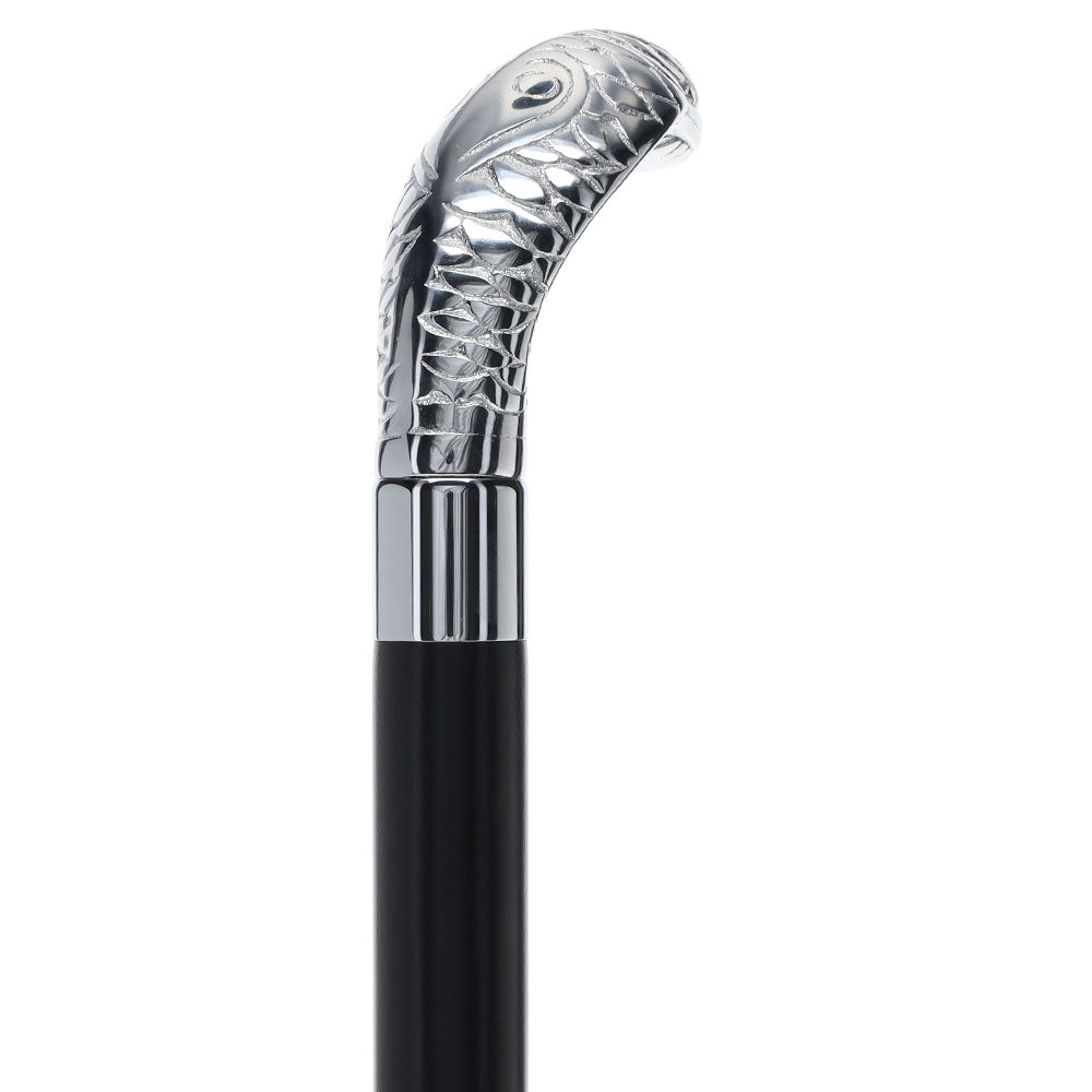 Snake Premium Chrome Brass Flask Cane: Wood Shaft Hidden Flask