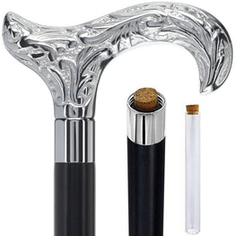 Chrome Derby Handle Walking Flask Cane with Wooden Shaft