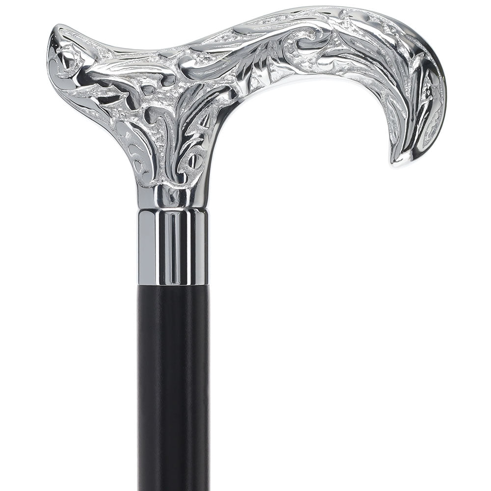 Derby Premium Chrome Brass Flask Cane: Wood Shaft Hidden Flask