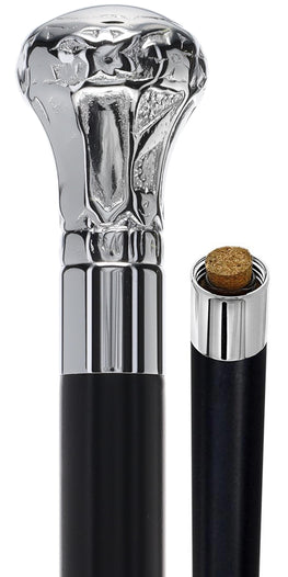 Knob Premium Chrome Brass Flask Cane: Wood Shaft Hidden Flask