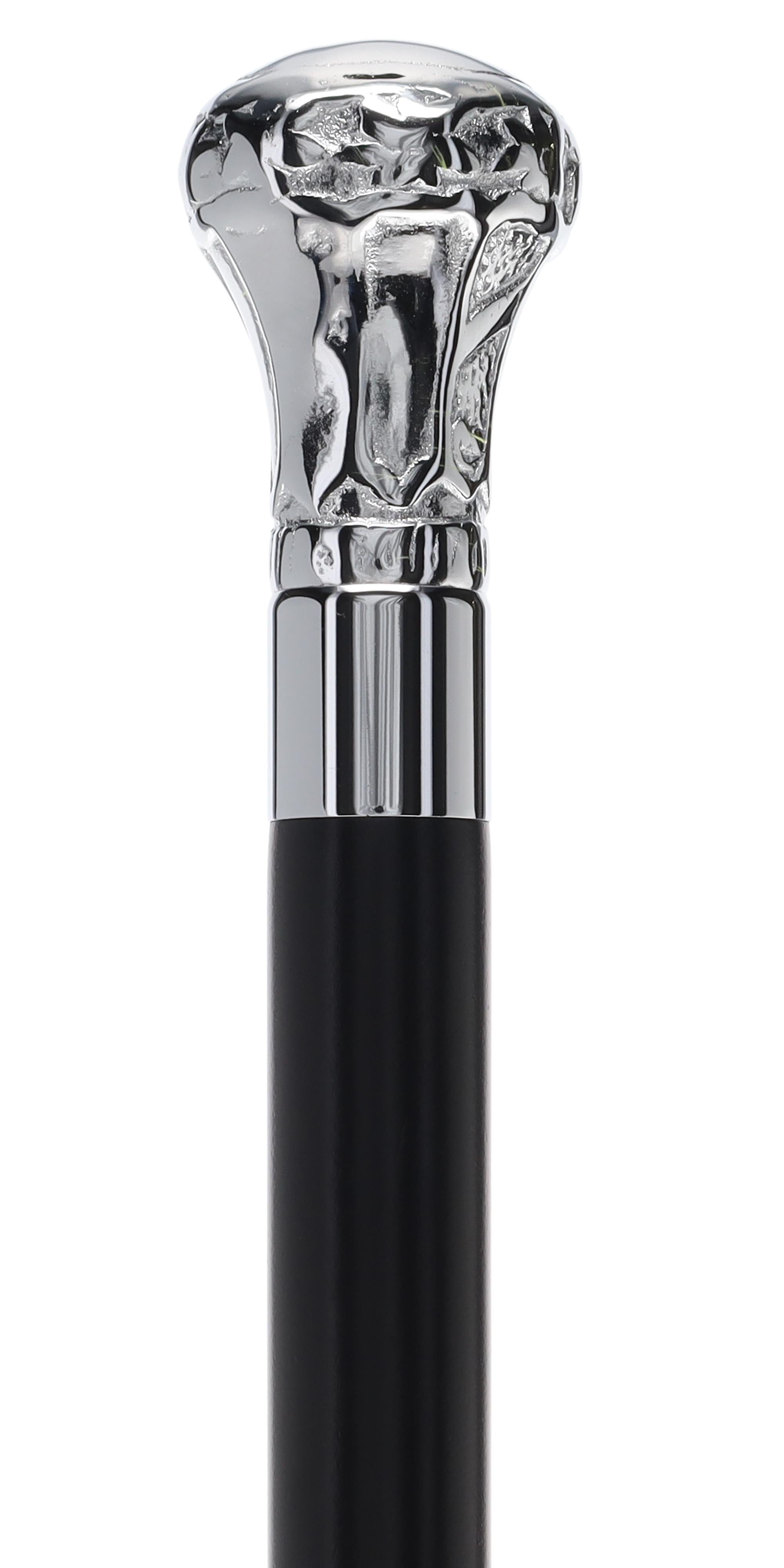 Knob Premium Chrome Brass Flask Cane: Wood Shaft Hidden Flask