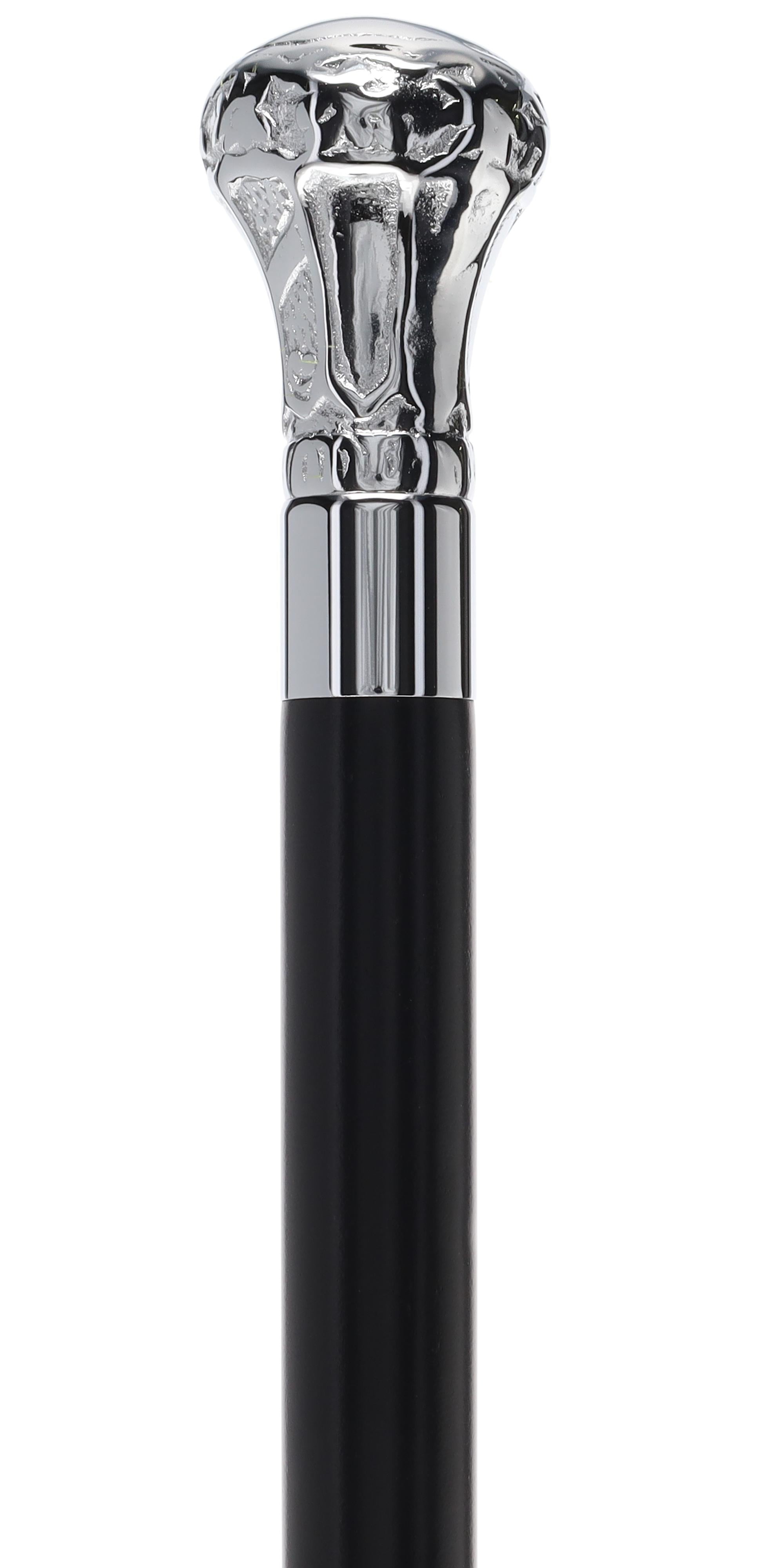 Knob Premium Chrome Brass Flask Cane: Wood Shaft Hidden Flask