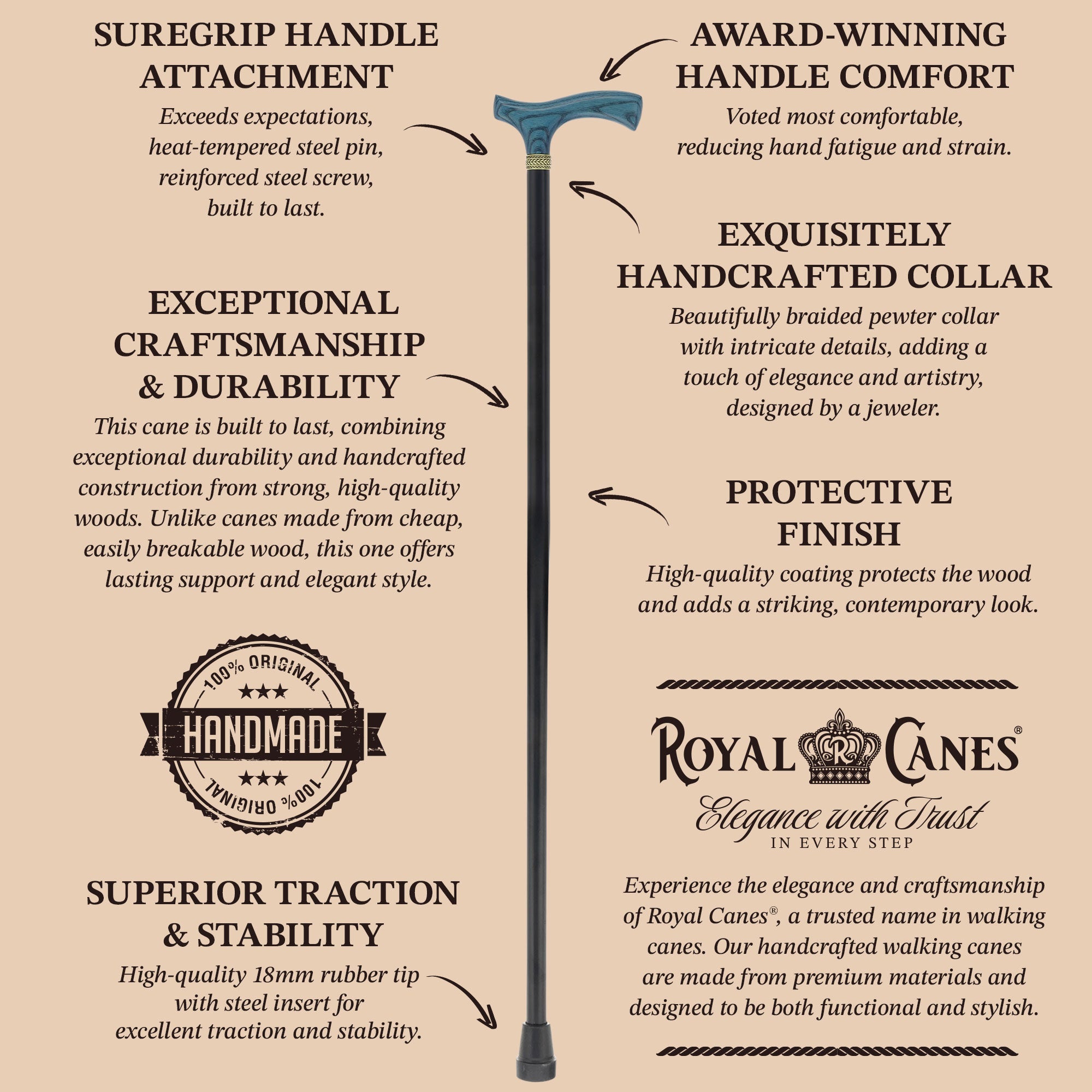 Royal Canes Classic Fritz: Wood-Stained, Pewter Collar (Standard & Slim Profiles)