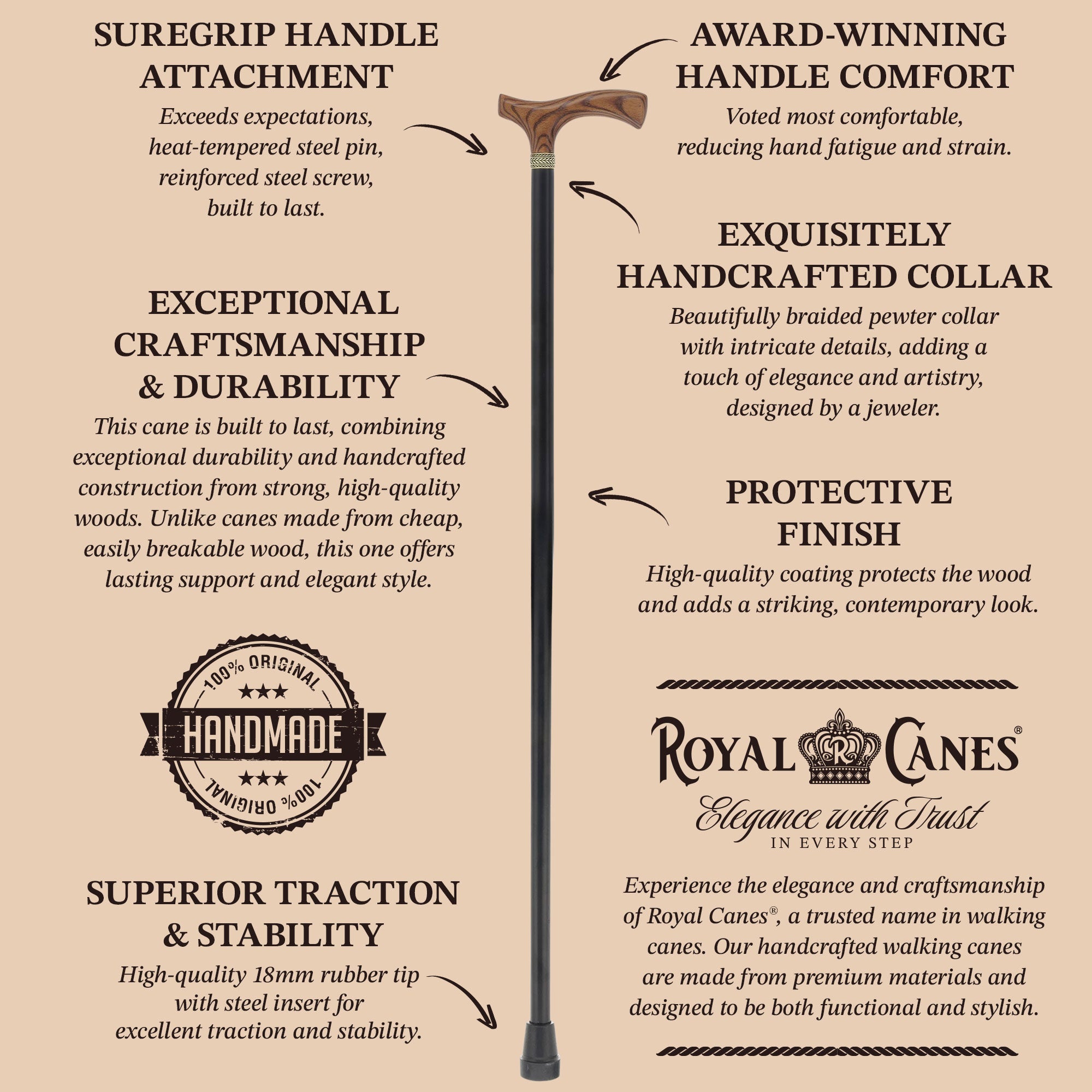 Royal Canes Classic Fritz: Wood-Stained, Pewter Collar (Standard & Slim Profiles)