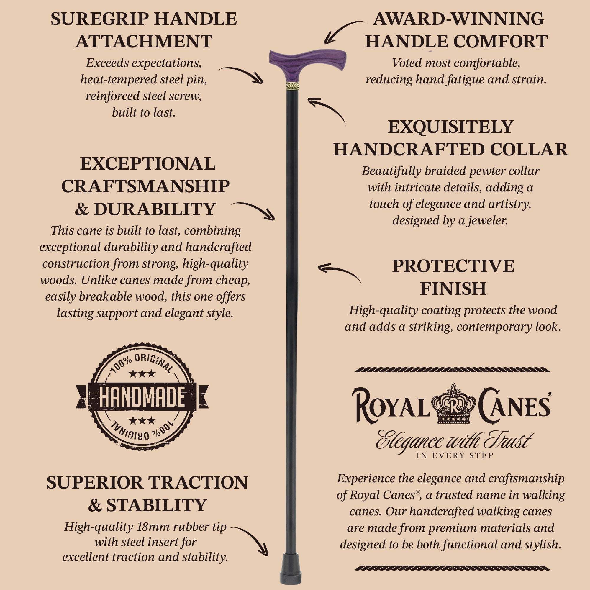 Royal Canes Classic Fritz: Wood-Stained, Pewter Collar (Standard & Slim Profiles)