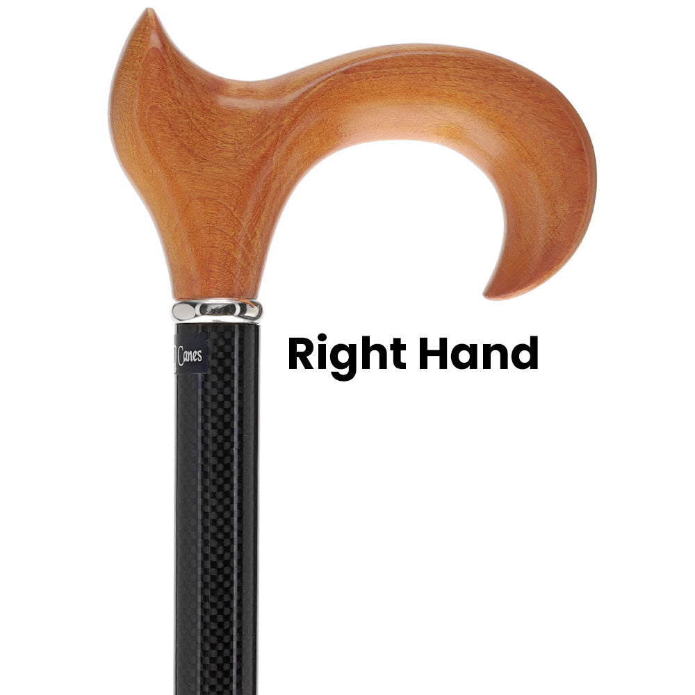 Cherry Maple Ergonomic Cane: Carbon Fiber Shaft, Silver Collar