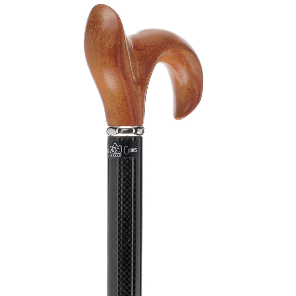 Cherry Maple Ergonomic Cane: Carbon Fiber Shaft, Silver Collar