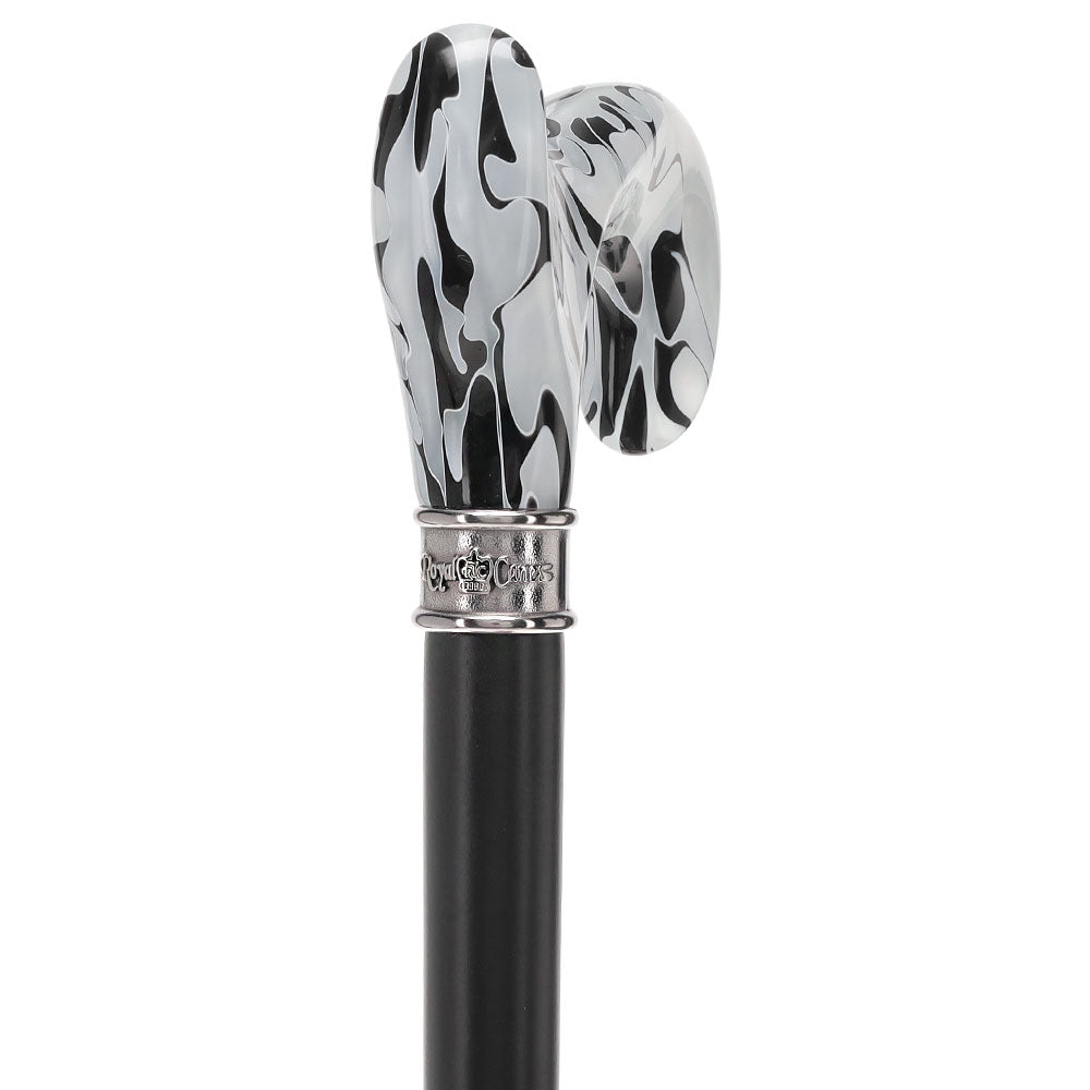 Black Onyx Swirl Cane: Pearlescent Handle, Embossed Collar