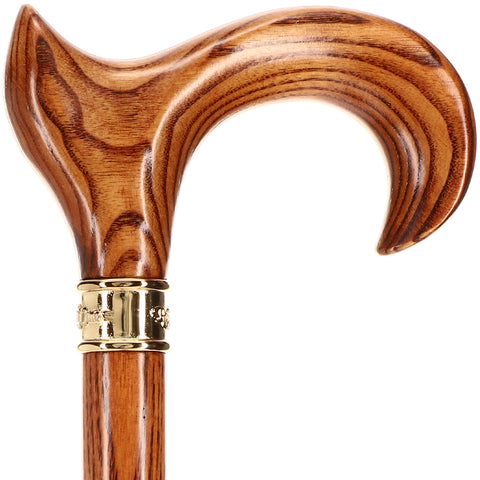 Espresso Ergonomic Handle Walking Cane With Ash Wood Shaft and Embossed Brass Collar