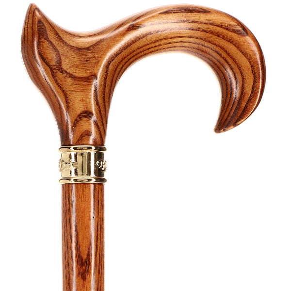 Refined Espresso Ergonomic Handle Walking Cane With Ash Wood Shaft And Embossed Brass Collar 0815