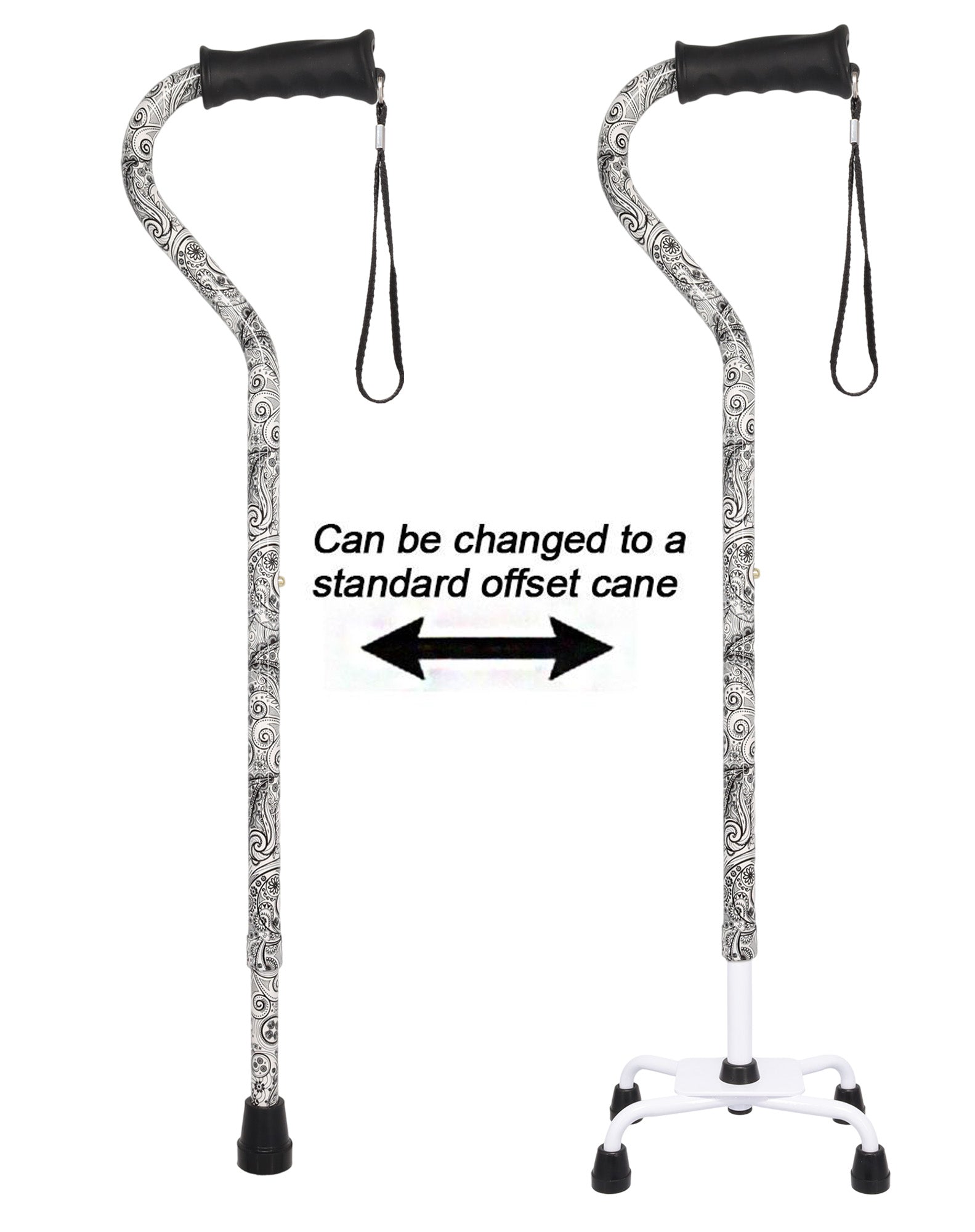 Black and White Convertible Quad Base Walking Cane with Comfort Grip - Adjustable Shaft