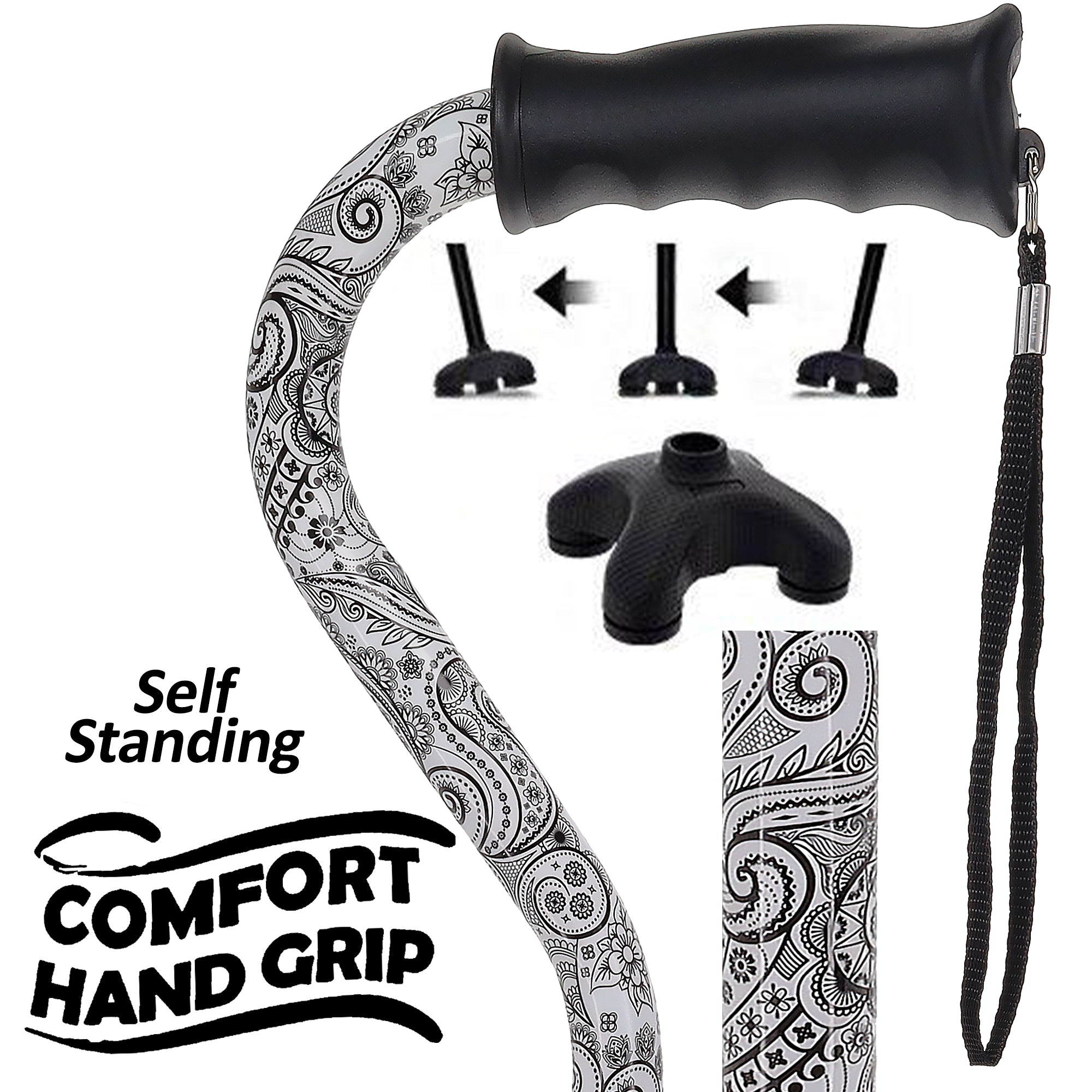 Black & White Offset Cane - Comfort Grip, Adjustable w/ SafeTbase