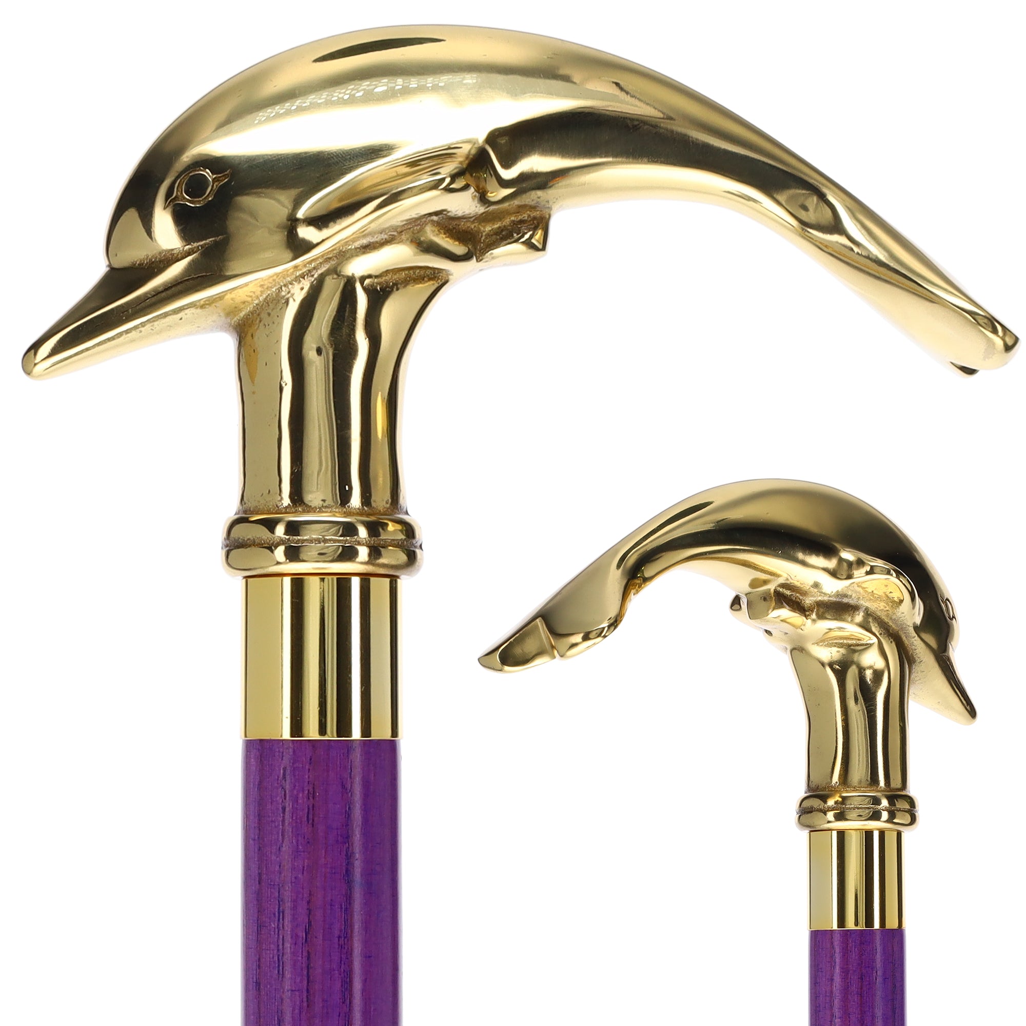 Premium Brass Dolphin Handle Cane: Stained Custom Color Shaft