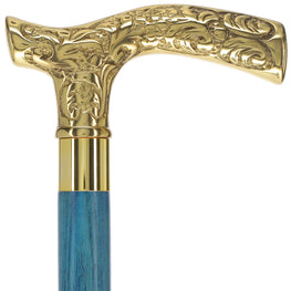 Scratch and Dent Brass Fritz Handle Walking Cane w/ Blue Stained Ash Shaft & Aluminum Gold Collar V2137