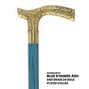 Scratch and Dent Brass Fritz Handle Walking Cane w/ Blue Stained Ash Shaft & Aluminum Gold Collar V2137