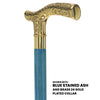 Scratch and Dent Brass Fritz Handle Walking Cane w/ Blue Stained Ash Shaft & Aluminum Gold Collar V2137