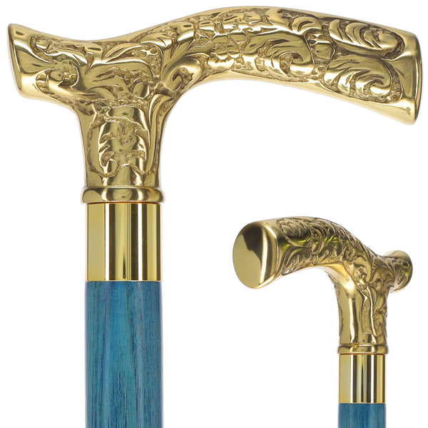 Scratch and Dent Brass Fritz Handle Walking Cane w/ Blue Stained Ash Shaft & Aluminum Gold Collar V2137