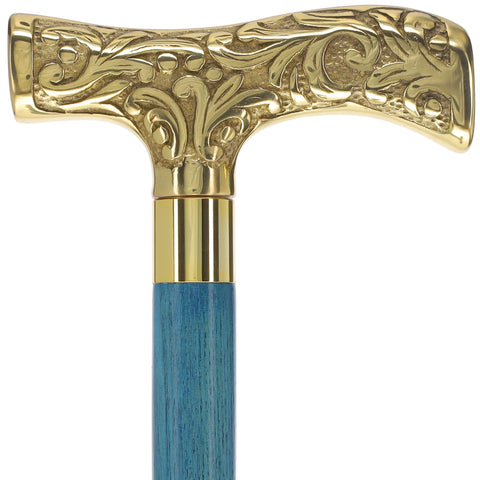 Brass T Shaped Handle Walking Cane w/ Custom Color Stained Ash Shaft & Collar