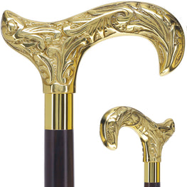 Scratch and Dent Brass Derby Handle Walking Cane w/ Brown Beechwood Shaft and Aluminum Gold Collar V3227