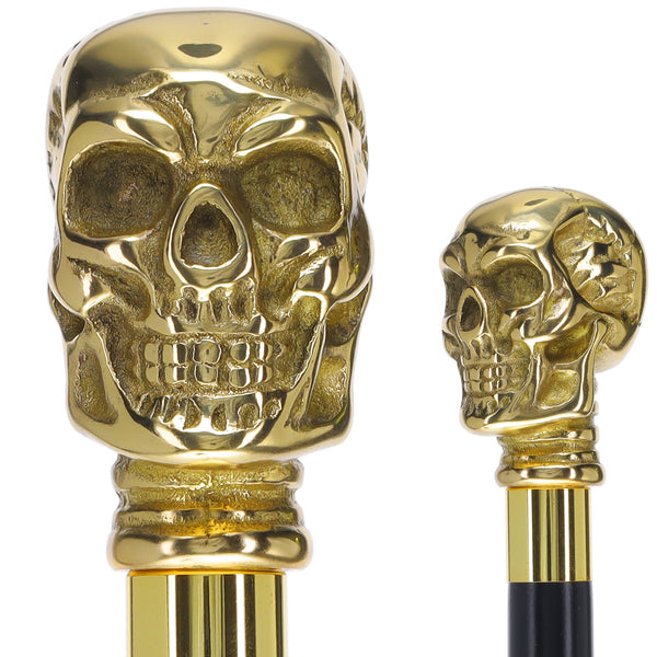 Scratch and Dent Brass Skull Handle Walking Cane w/ Black Beechwood Shaft and Aluminum Gold Collar V2148