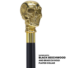 Scratch and Dent Brass Skull Handle Walking Cane w/ Black Beechwood Shaft and Aluminum Gold Collar V2148