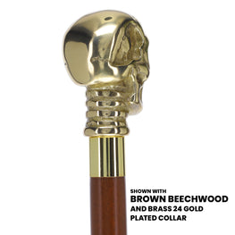 Scratch and Dent Brass Skull Handle Walking Cane w/ Black Beechwood Shaft and Aluminum Gold Collar V2148