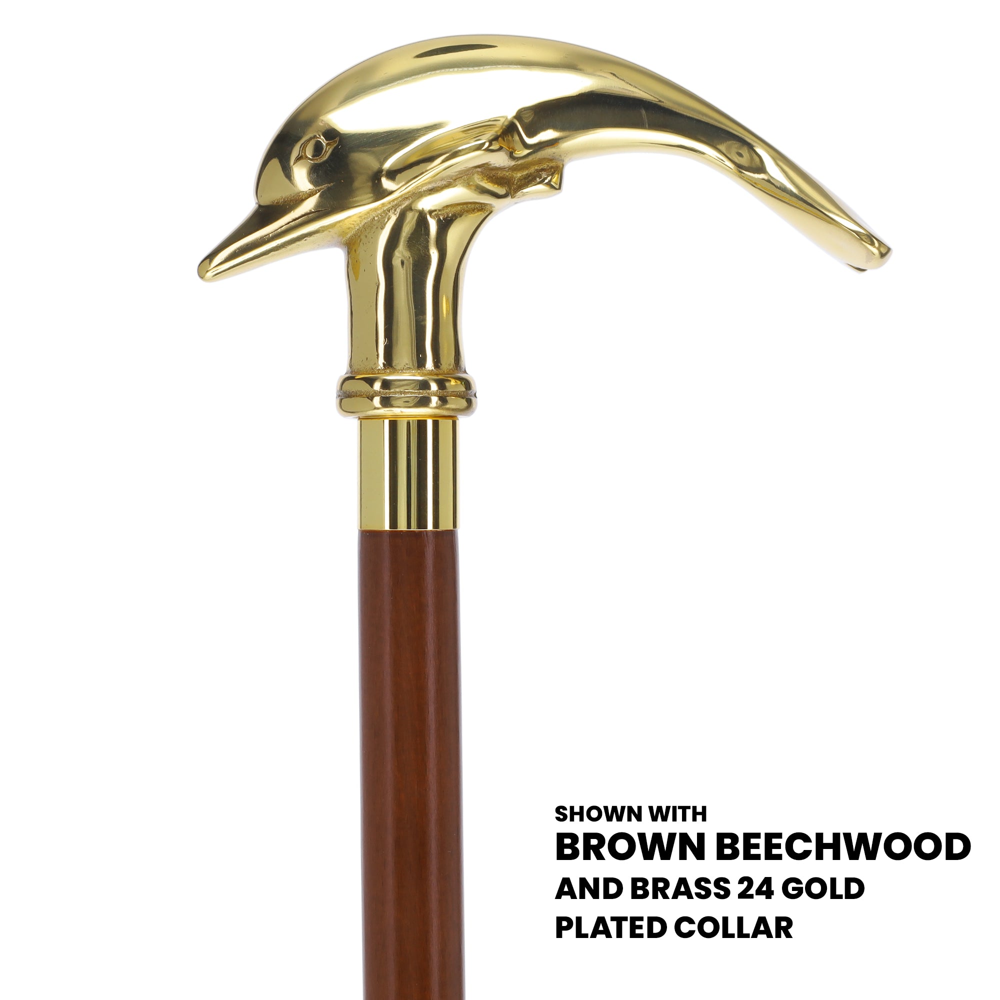 Premium Brass Dolphin Handle Walking Cane: Custom Shaft & Collar