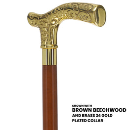 Scratch and Dent Brass Fritz Handle Walking Cane w/ Brown Beechwood Shaft and Aluminum Gold Collar V2163