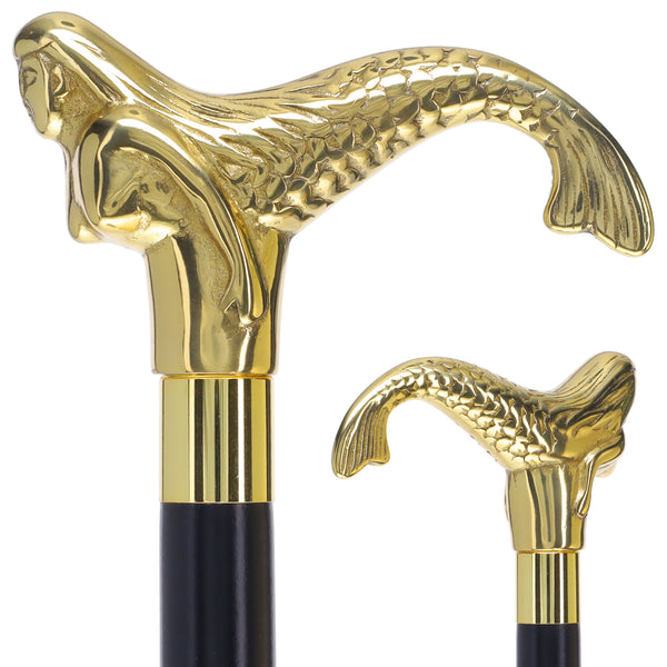 Brass Mermaid Handle Walking Cane w/ Custom Shaft and Collar