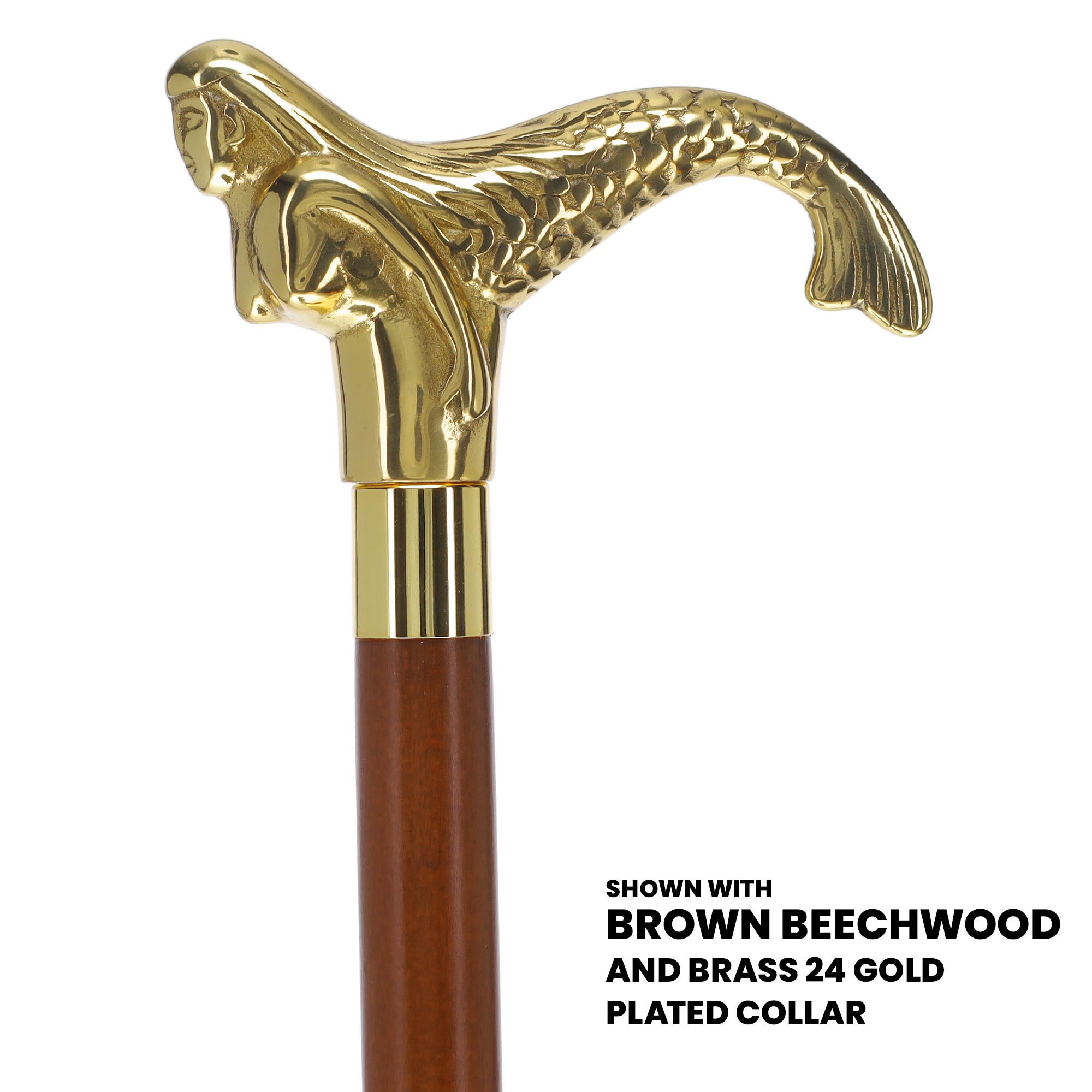 Brass Mermaid Handle Walking Cane w/ Custom Shaft and Collar