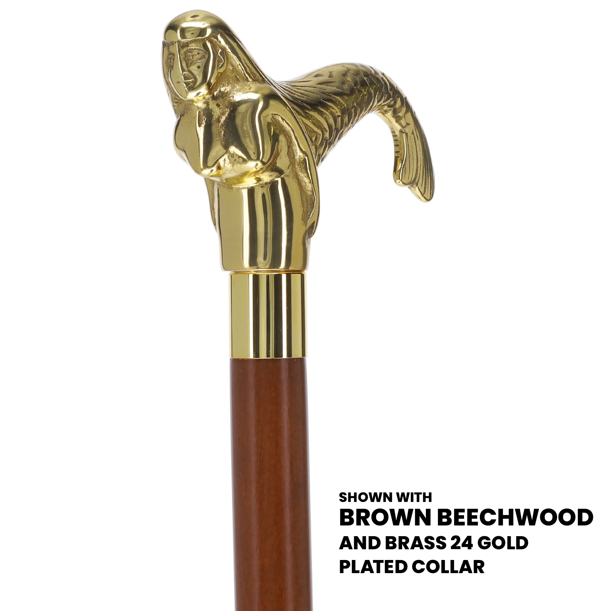 Brass Mermaid Handle Walking Cane w/ Custom Shaft and Collar