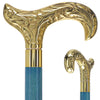 Scratch and Dent Brass Derby Handle Walking Cane w/ Blue Stained Ash Shaft & Aluminum Gold Collar V3169