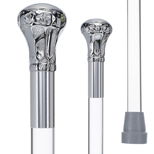 Chrome Brass Knob Handle Cane: Clear Lucite Shaft & Collar