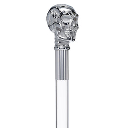 Scratch and Dent Chrome Plated Skull Handle Walking Cane w/ Lucite Shaft & Gold Collar V2058