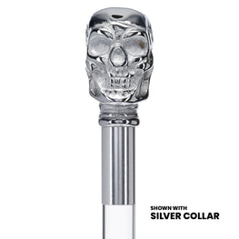 Chrome Brass Skull Handle Cane: Clear Lucite Shaft & Collar