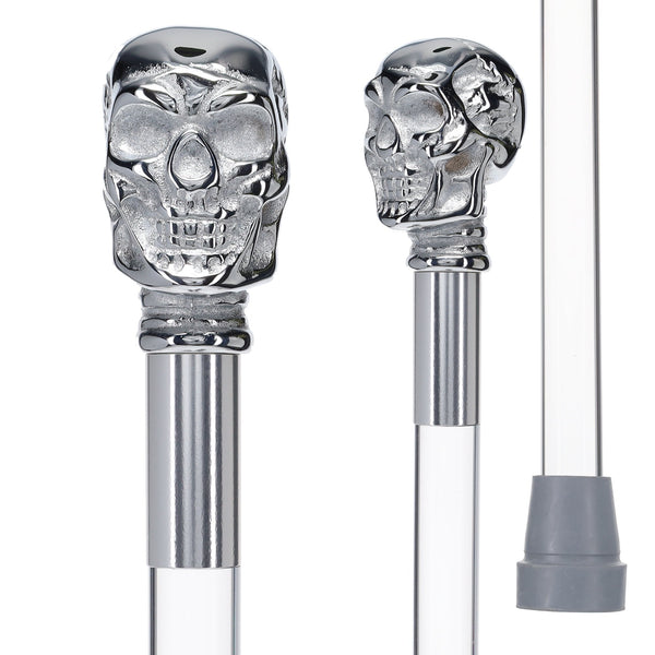 Scratch and Dent Chrome Plated Skull Handle Walking Cane w/ Lucite Shaft & Gold Collar V2058