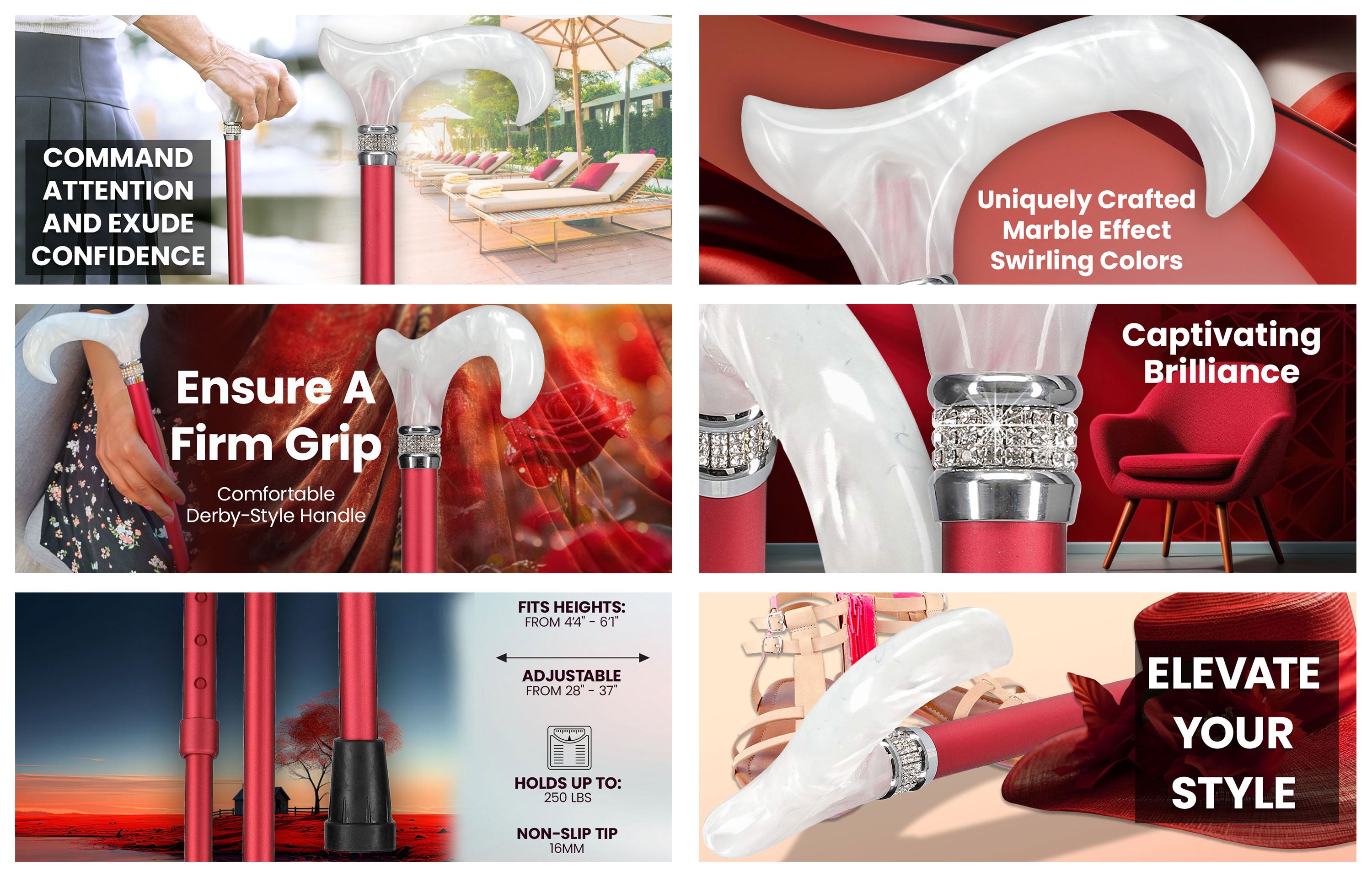 Crimson Red Pearlz Rhinestone Adjustable Orthopedic Derby Cane