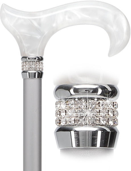 Rhinestone Designer Cane: Platinum Pearlz with White Swirl