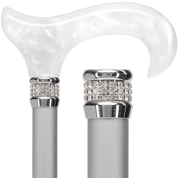 Scratch and Dent Platinum Pearlz w/ Rhinestone Collar and Silver Shaft Designer Adjustable Cane V2333